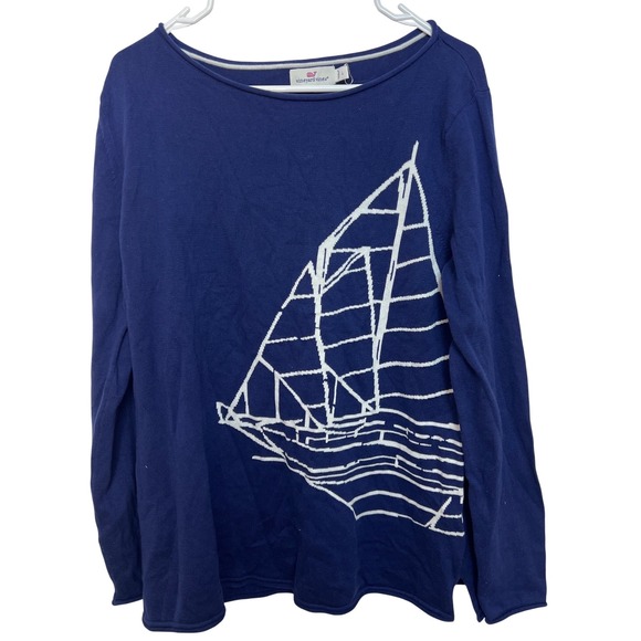 Vineyard Vines Sweaters - Vineyard Vines Women's Navy Blue Sailboat Graphic Cotton Knit Sweater Coastal‎ L